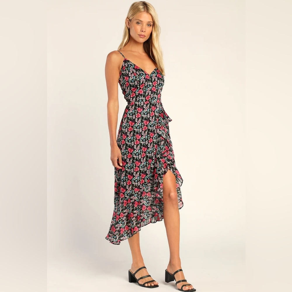 Daydream Darling Black Floral Print Ruffled Midi Dress